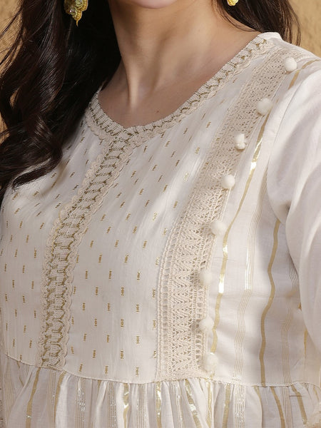 Miramaar Women's White Cotton Lurex Lace work Fit & Flare Dress