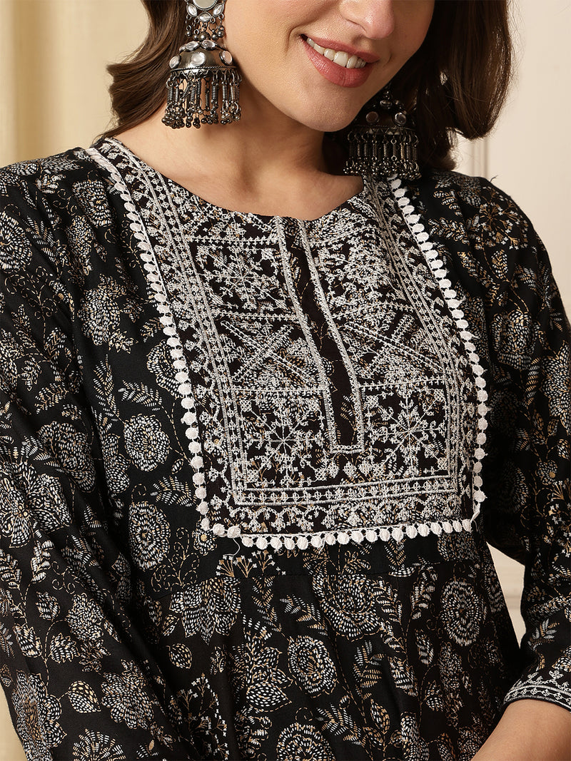 Miramaar Women's Black Foil Printed Rayon Embroidered Anarkali Kurti