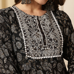 Miramaar Women's Black Foil Printed Rayon Embroidered Anarkali Kurti