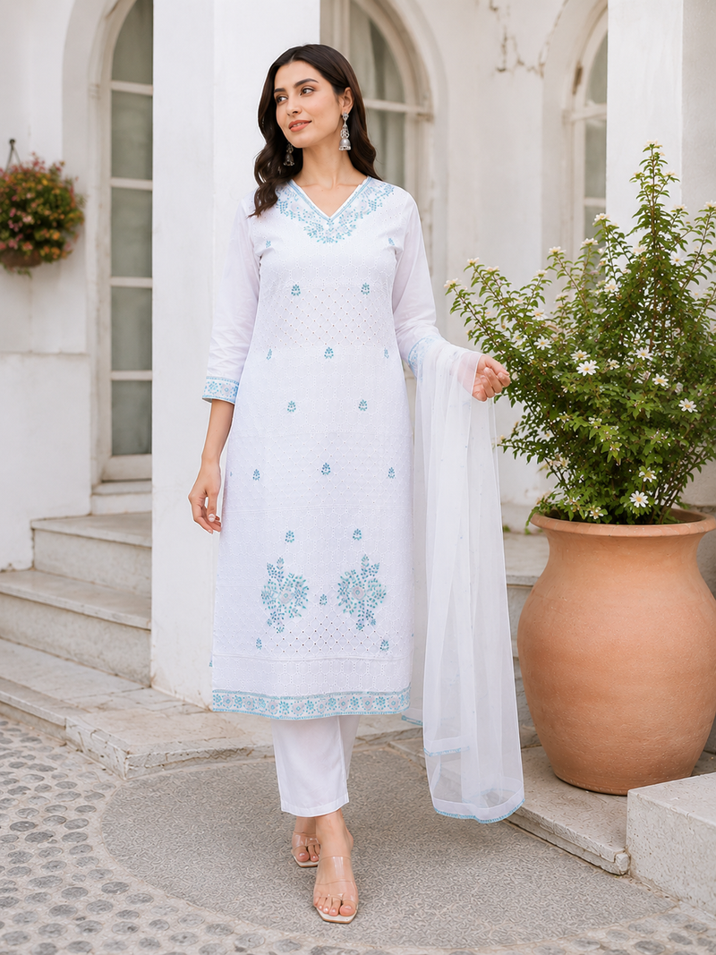Miramaar Women's White Regal Ensemble Kurta & Dupatta Set