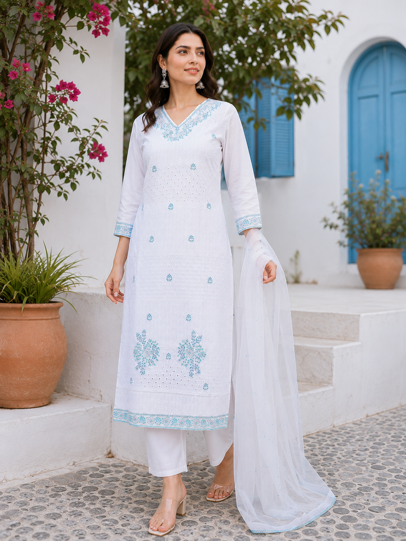 Miramaar Women's White Regal Ensemble Kurta & Dupatta Set
