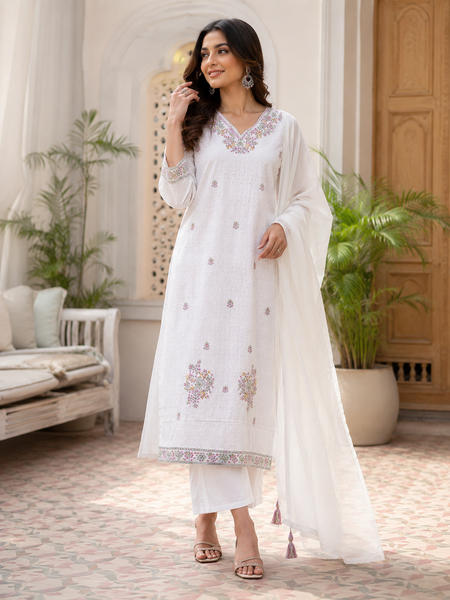 Miramaar Women's White Serenity Ensemble Kurta & Dupatta Set